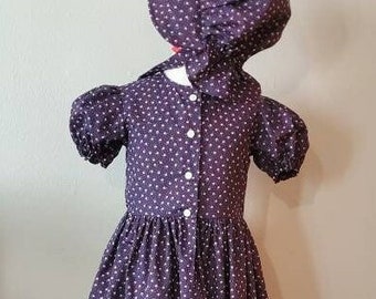 Girls Blue Pioneer Dress and Bonnet, Size 8 - 10