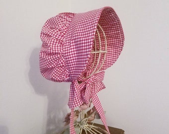 Girls Pioneer Bonnet, Red and White Gingham