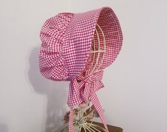 Girls Pioneer Bonnet, Red and White Gingham