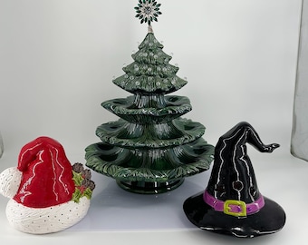 Ceramic Christmas Tree Serving Tray | 3 Tier Candy & Appetizer Display with Holiday Toppers