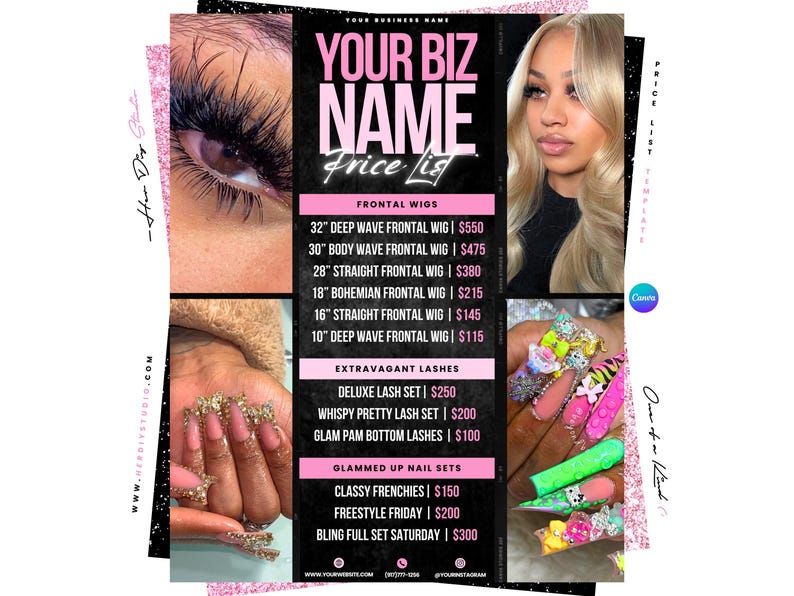price list template, beauty price list, hairstylist price list, nail tech price list, lash tech price list, boutique price list, price list for hair, price list for nails, beauty salon price list, editable price list, glam price list, beauty menu template, price list Canva, price sheet template, service price list, beauty business branding, esthetician price list | Perfect for entrepreneurs, this price list template offers a clean, organized display for your services. Fully editable in Canva App