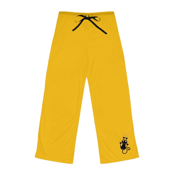 Pantalon pyjama jaune pour femme, funny motif chat noir, design save my cats, bas de Pyjama Confortables pour elle, couleur Jaune