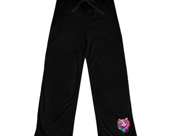 Pantalon Pyjama femme noir design chat coleurs abstraits, motif chat art abstrait, abstract design, Bas de Pyjama pour elle