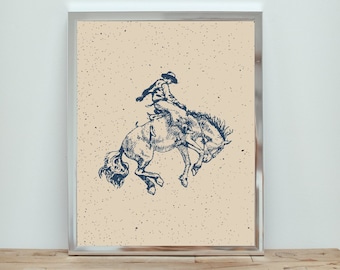 Bucking Bronco Print: Vintage Cowboy Rodeo Wall Art
