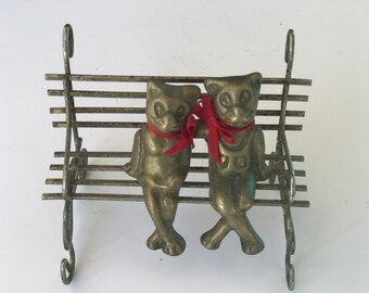 Brass Cat Couple Sitting on a Bench Three Pieces