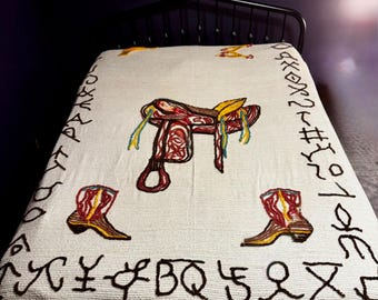 Vintage Western Chenille Bedspread – Cowboy Saddle, Boots, Ranch Decor – Mid Century Textile