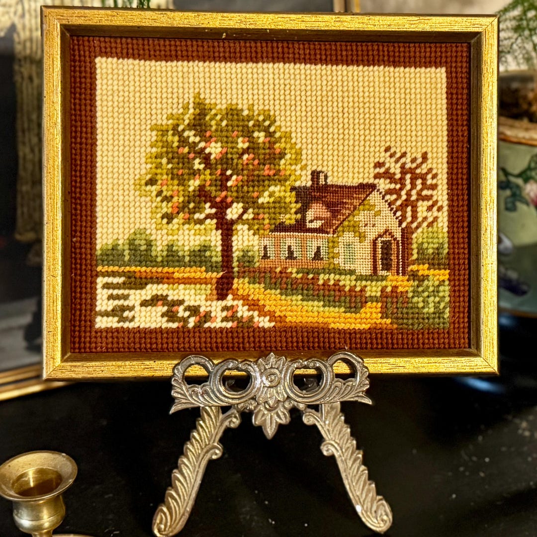 Vintage Needlepoint Cottage Landscape | Framed Textile Art | Gold Frame ...