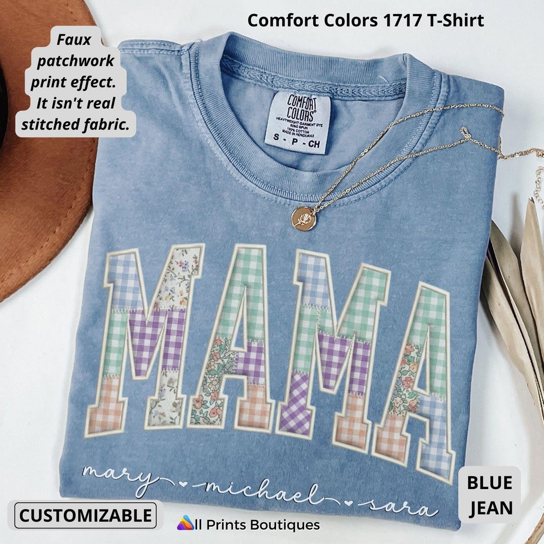 Mama Color:blue Custom Mama Faux Patchwork Shirt With Kids Names, Personalized ...