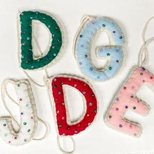 May include: Five felt letter ornaments spelling "DOG J E". The letters are in green, light blue, white, red, and pink, each with colorful bead accents. Each letter has a loop for hanging.