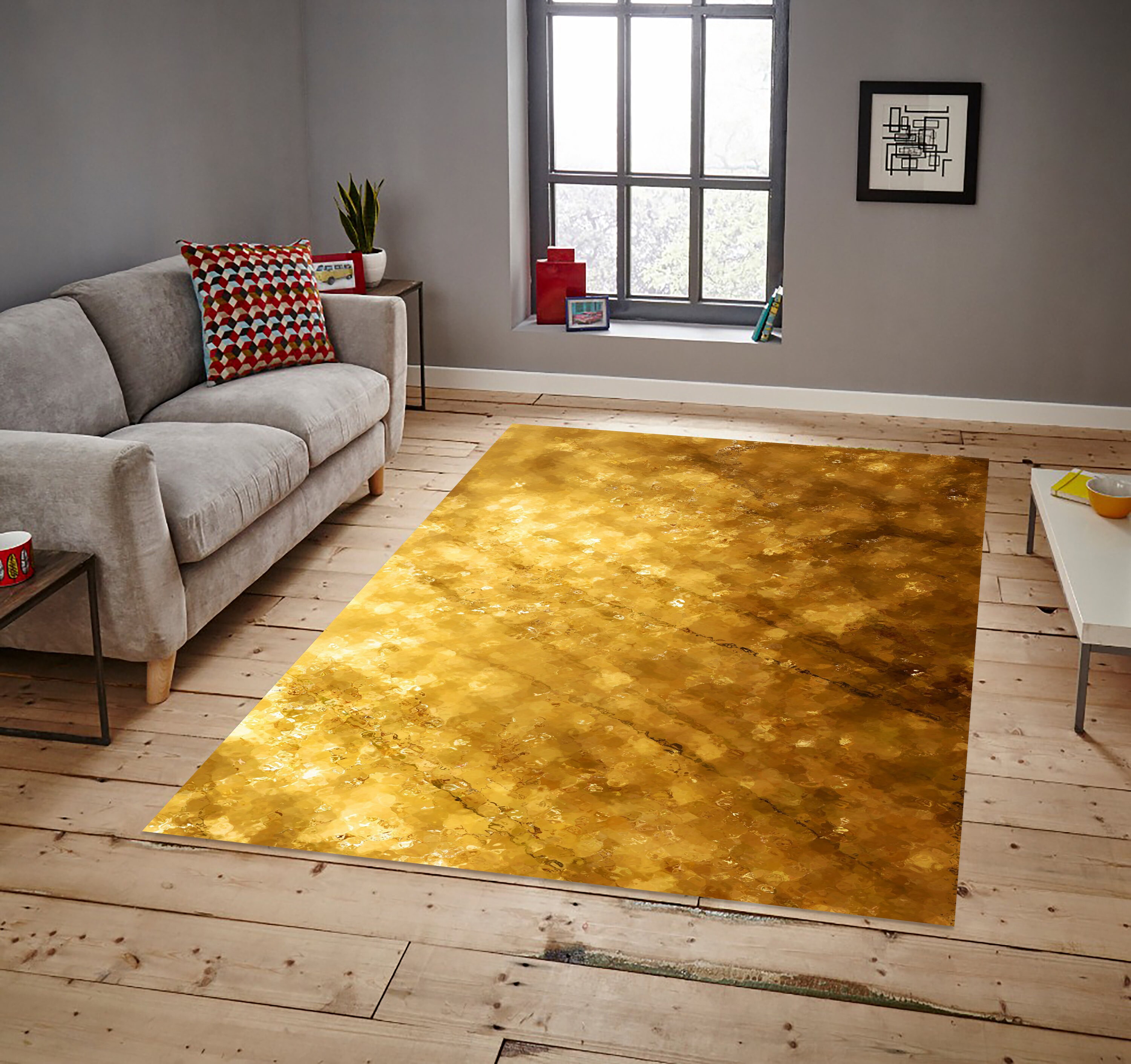 Gold Glitter Printed Rug, Gold Powder, Gold Design Rug, Living Room Rug