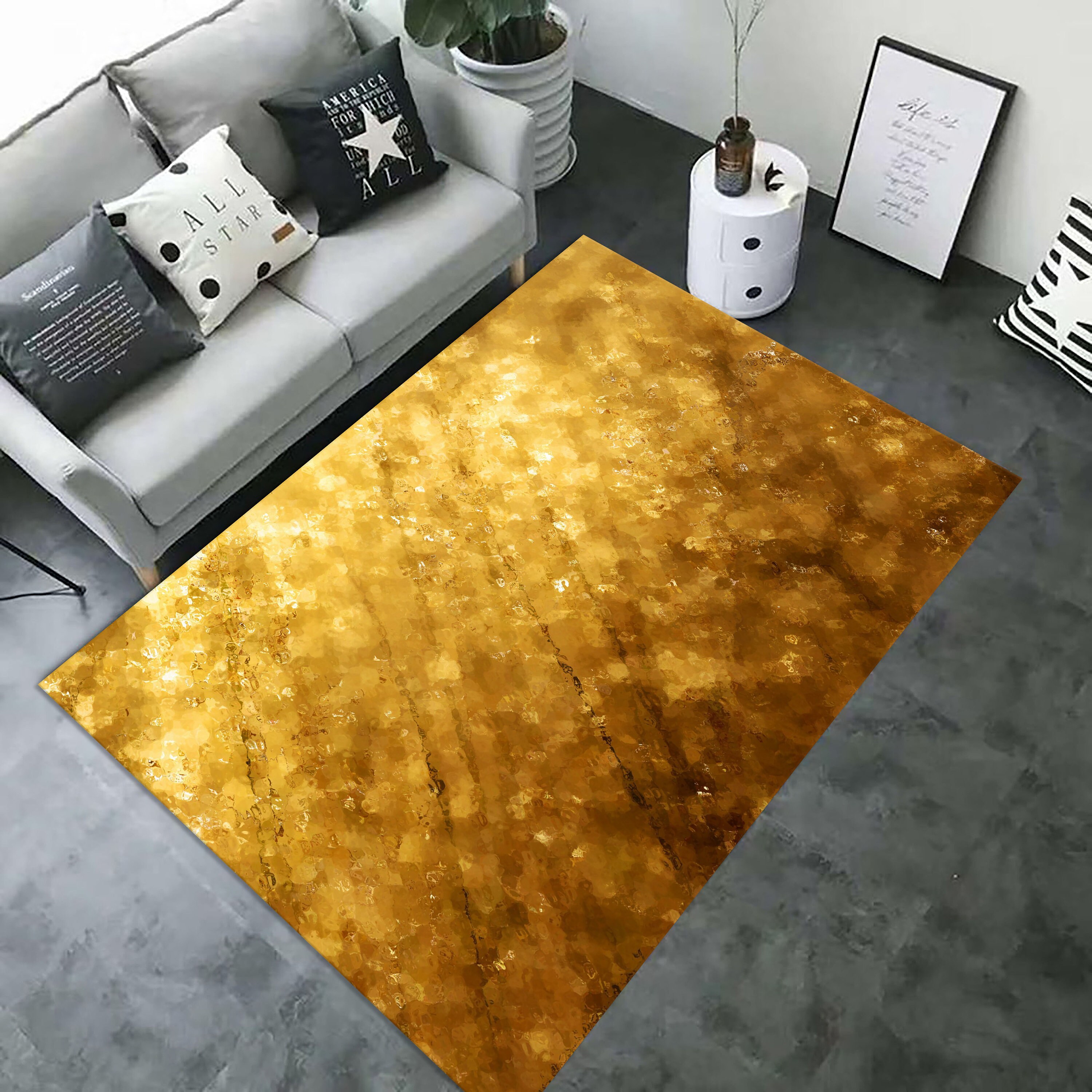 Gold Glitter Printed Rug, Gold Powder, Gold Design Rug, Living Room Rug ...