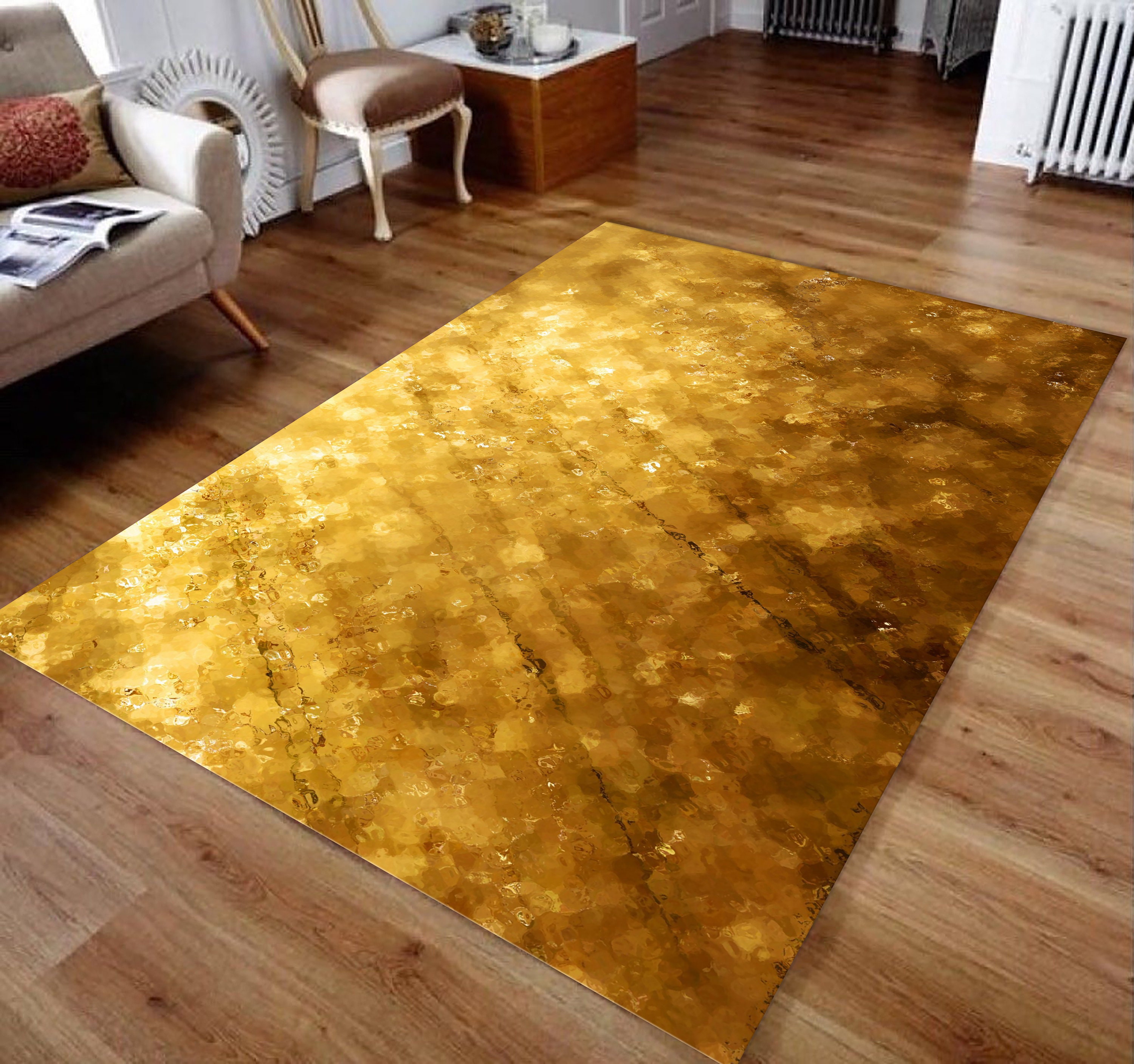 Gold Glitter Printed Rug, Gold Powder, Gold Design Rug, Living Room Rug