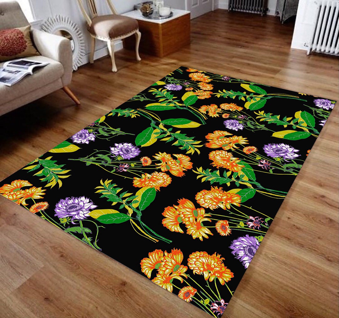 Vintage Floral Patterned Rug, Floral Patterns on a Black Background ...