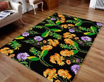 Vintage Floral Patterned Rug, Floral Patterns on a Black Background, Modern Home Rugs, Home Design Ideas, Living Room Rug, Kitchen Carpet