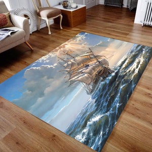 Voilier au milieu de l'océan, tapis sur le thème du bateau pirate, tapis sur le thème de la mer, carte postale, tapis de salon, tapis pour chambre d'adolescent,