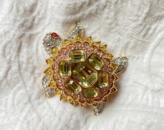 SWAROVSKI gouden roze groene kristallen broche uit de jaren 80