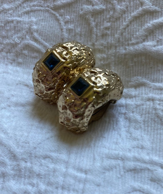 YVES SAINT Laurent Gold Blue Metal Clip-On Earrin… - image 2