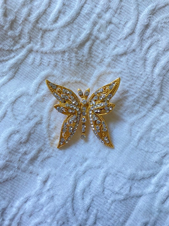 Vintage BARRERA Gold Rhinestones Butterfly Brooch