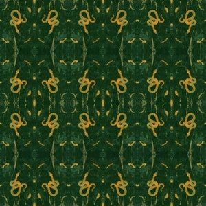May include: A seamless pattern with a repeating design of stylized snakes in a yellow-gold color on a dark green background.