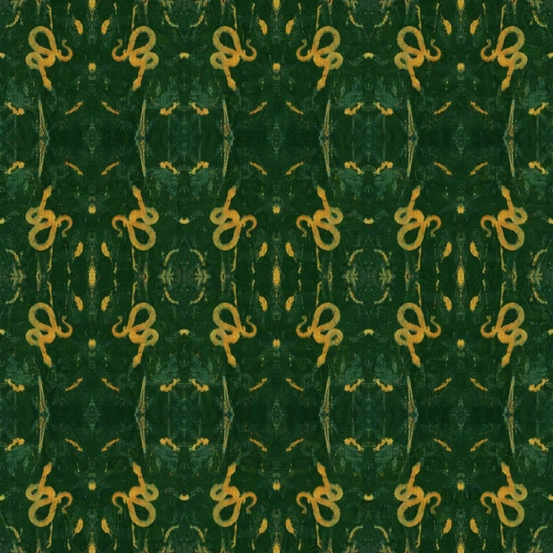 May include: A seamless pattern with a repeating design of stylized snakes in a yellow-gold color on a dark green background.