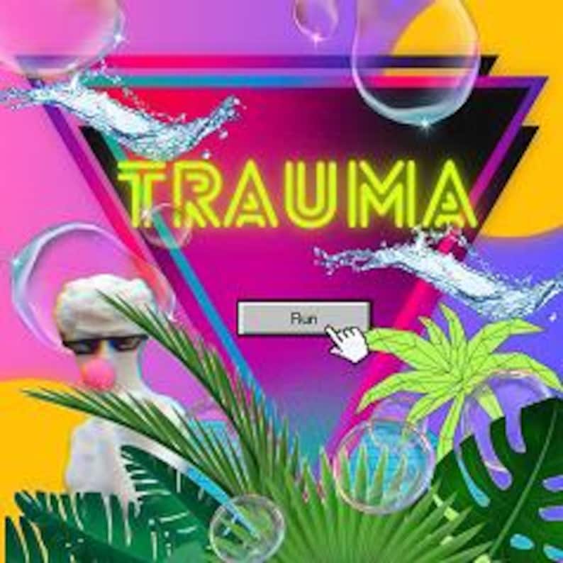 K&ouml;nnte beinhalten: Ein digitaler Kunstdruck im Retro-Stil mit einem neongr&uuml;nen "TRAUMA"-Text in Dreiecksform. Der Hintergrund zeigt einen rosa, lila und gelben Farbverlauf mit blauen Wasserspritzern und Blasen. Ein Cartoon-Lama mit Sonnenbrille befindet sich in der linken unteren Ecke.