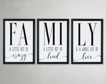 Family Set Of 3 Poster | Family a little bit of crazy, loud, love Print |  Modern Family Poster Design in Frame