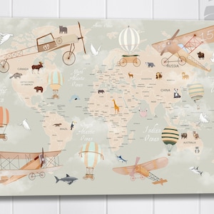 Kunst auf Leinwand, Weltkarte, Weltkarte | Lerne Erde mit Flugzeug - Geschenk für Mädchen | Flugzeug und Weltkarte Kinderzimmer Dekor
