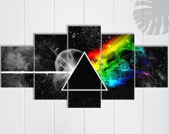 Pink Floyd Iconic Dark Side of Moon Cover 5 Piece Canvas Wall Art | Rock Music Triangle Poster Print Gift for Him, Her, Housewarming