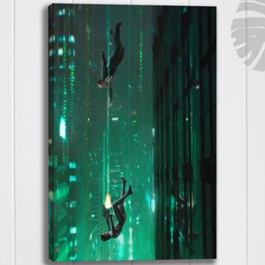 May include: Two figures in black clothing fall through a green and black digital space. The figures are silhouetted against a background of glowing green lines and code.