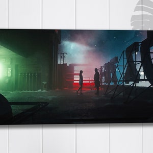 May include: A black and white photo of two figures standing in a dimly lit industrial setting. The figures are silhouetted against a red and blue background. The scene is reminiscent of a futuristic cityscape.