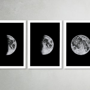 Moon Phases Print Set of 3 | Moon Phases Wall Art | Black and white  Moon poster | Mid Century Modern Wall Art Decor