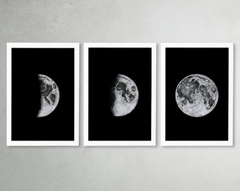 Moon Phases Print Set of 3 | Moon Phases Wall Art | Black and white  Moon poster | Mid Century Modern Wall Art Decor