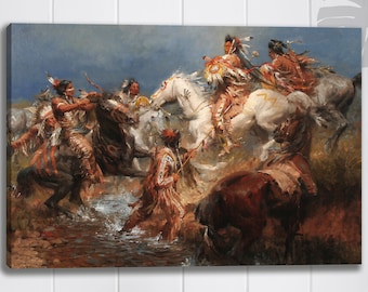 Cherokee American Indians Iroquois War Scene Oil Painting Canvas Wall Art | Native Americans Fight with Horses Artwork Gift for Housewarming