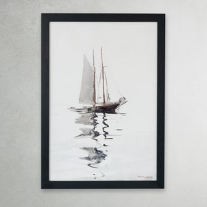 Two–masted Schooner with Dory 1894 by Winslow Homer Poster | Neutral Sailboat Art  Print | Vintage Seascape Painting | Fine Art Print