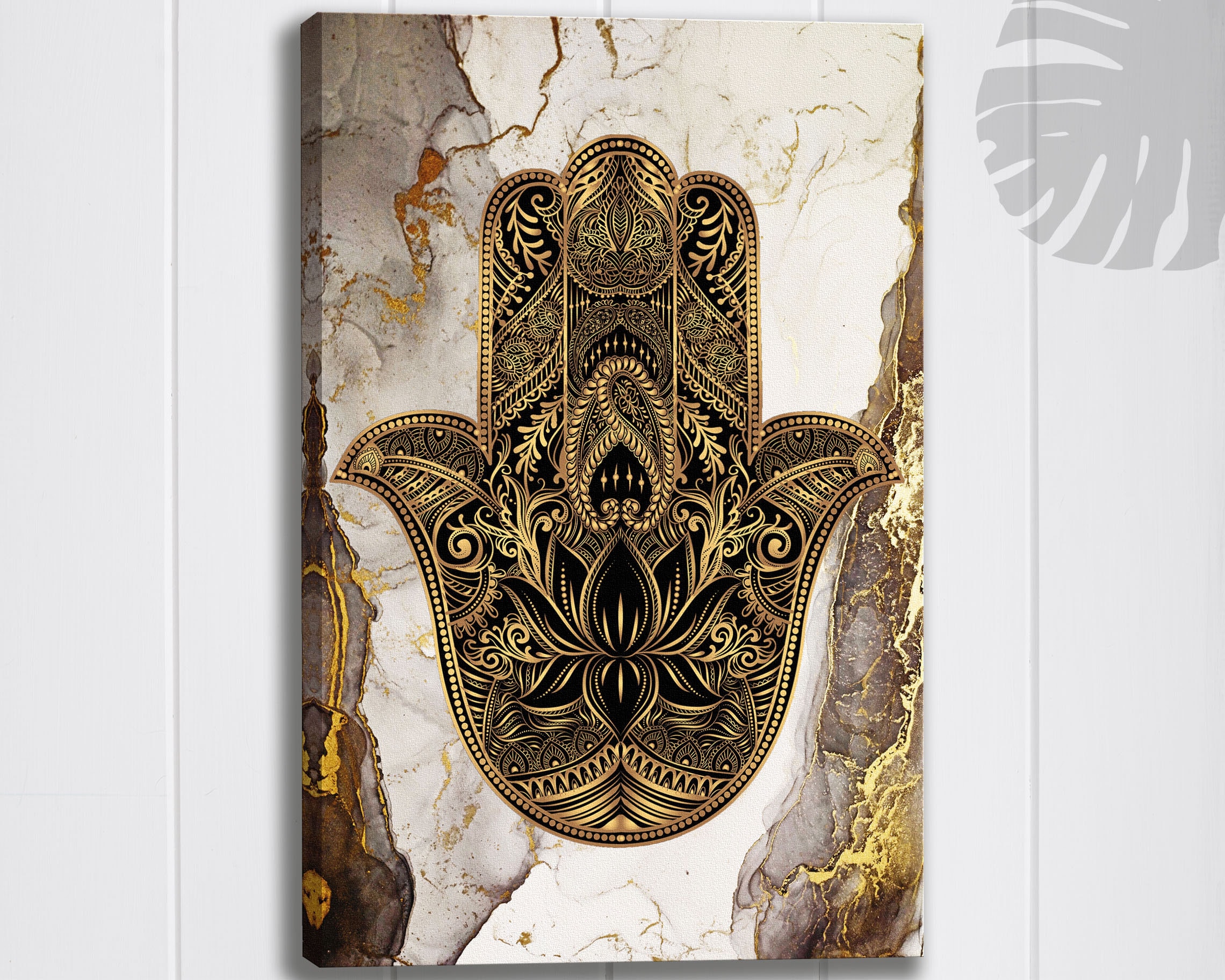 The Hamsa Hand Religious Canvas Gold and Marble Abstract Goodluck Wall Art Hand of Fatima Home Decor Housewarming Gift for Living Room