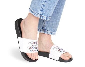 RN and Healthcare Professional Women's Slide Sandals| "Coffee Scrubs & Rubber Gloves" and Medical Symbols in Rainbow lettering | Gift Idea!