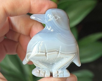 Pinguïn van gestreepte gelei-agaat met druzy, kristalsnijwerk, gestreepte agaatsteen, druzy-kristal, kerstdecoratie, kristaldecoratie, kristalcadeau