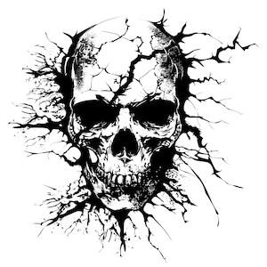 May include: Black and white illustration of a skull with cracks radiating outward from the skull. The skull is detailed with a cracked surface and a prominent jawline.
