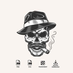 Könnte beinhalten: Eine schwarz-weiße grafische Illustration eines menschlichen Schädels mit Fedora-Hut und dickem Schnurrbart, der eine brennende Zigarre im Mund hält, aus der Rauch aufsteigt. Unter der Illustration befinden sich Symbole für PNG, SVG, TRANSPARENT und INSTANT DOWNLOAD.