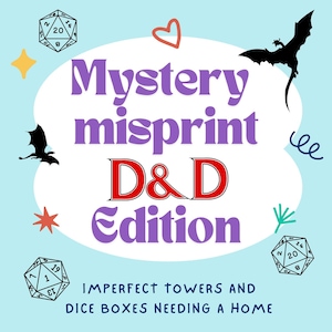 May include: Purple and white cloud-shaped graphic with the text "Mystery misprint D&D Edition" in a playful font. The graphic is surrounded by a blue background with various illustrations including dice, stars, hearts, and dragons.