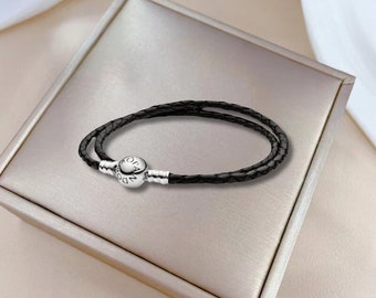 S925 Sterling Silver Pandora Charm Bracelet, Mix Double Woven Leather Bracelet, Gift for her