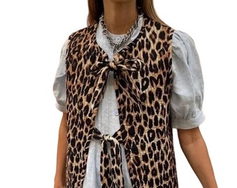 Y2K, Gilet à lacets avec nœud, Débardeur ample sans manches pour femme,y2k, Manteaux d'été, Débardeur à lacets avec nœud et imprimé léopard