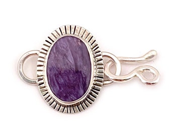 Purple Bracelet Clasp, Handmade Chariote Jewelry Findings for Designers, Silver Hook and Loop Closure with Oval Stone Cabochon, Chunky Boho