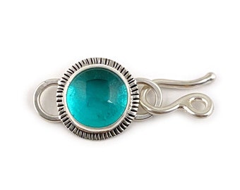 One of a Kind Jewelry Clasp, Handmade Teal Glass and Sterling Silver Hook and Eye Closure, Unique OOAK Component For Designer Resale