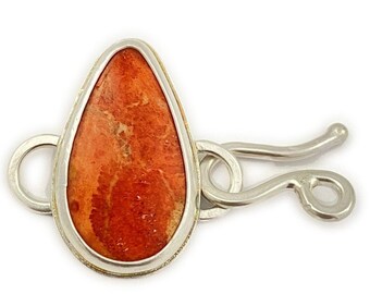 Fancy Silver Jewelry Clasp with Orange Stone - Soldered Hook and Eye Closure, Unique Modern One of a Kind Design with Natural Calcite Stone