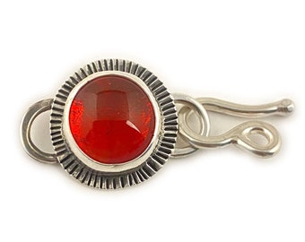 Jewelry Clasp with Transparent Red Glass Custom Fused, Set in Handstamped Sterling Silver with Soldered Hook and Eye Closure for Durability