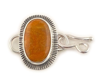 Fancy Silver Jewelry Clasp with Orange Stone - Soldered Hook and Eye Closure, Unique Modern One of a Kind Design with Natural Calcite Stone