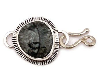 Handmade Black and White Fossil in Silver, Fancy Clasp for Jewelry Design, Decorative Hook and Eye Bracelet or Necklace Component Supply