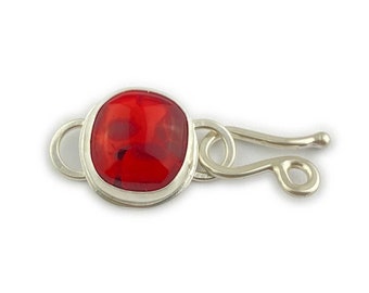 Handmade Jewelry Clasp, Custom Fused Red Stone in Sterling Silver with Hook and Eye Closure, Unique One-of-a-Kind Findings for Designers