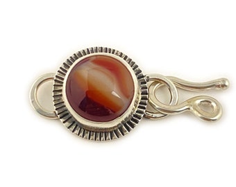 Unique Handmade Clasp for Bracelet or Necklace, Brown and White Fused Glass Stone Set in Sterling Silver, Soft Glass Cabochon Art Jewelry